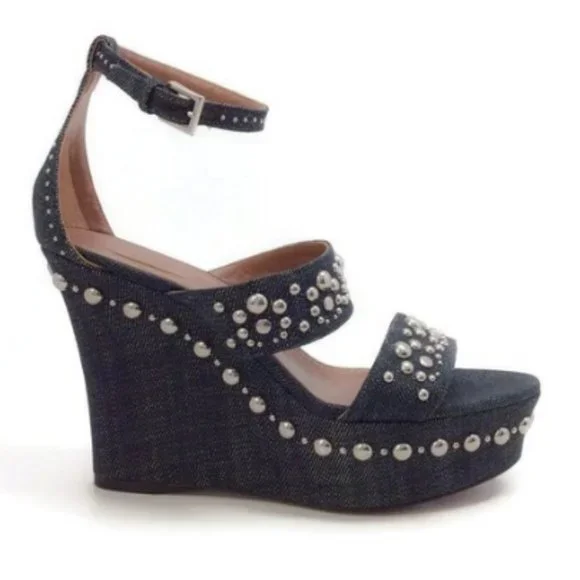 Alaïa Denim Studded Wedge Sandals Size: 8.5 | IT 38.5 Retail $1,435 - Picture 1 of 4